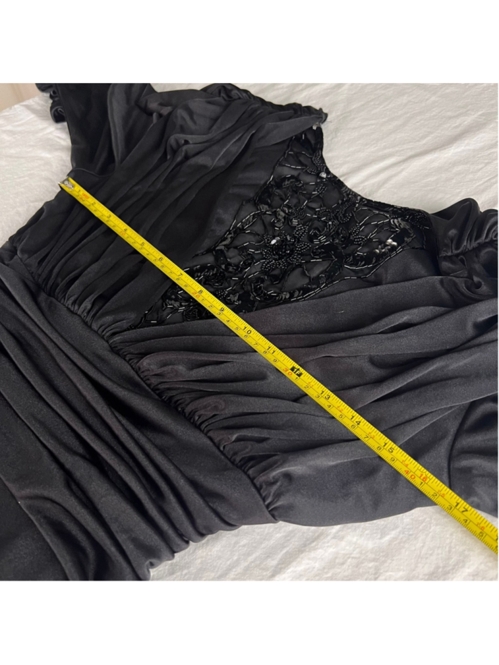 Vintage Abby Kent Black Beaded Illusion Midi Dress Ruched Gothic Glam USA M - Picture 8 of 11